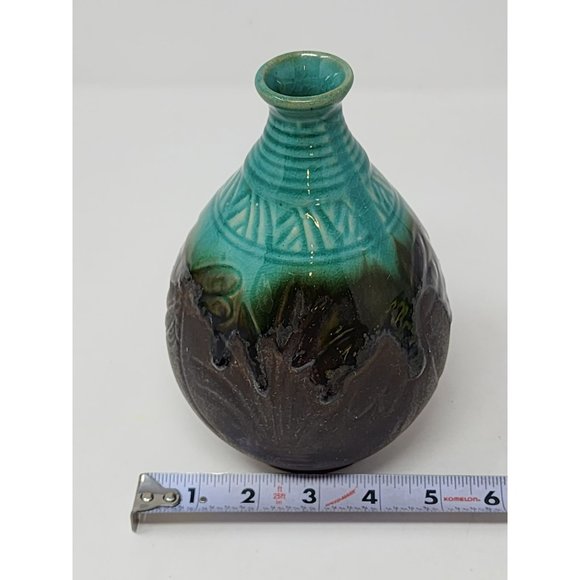 Vintage Drip Glaze Vase Matte Chocolate And Turquoise - Picture 9 of 10
